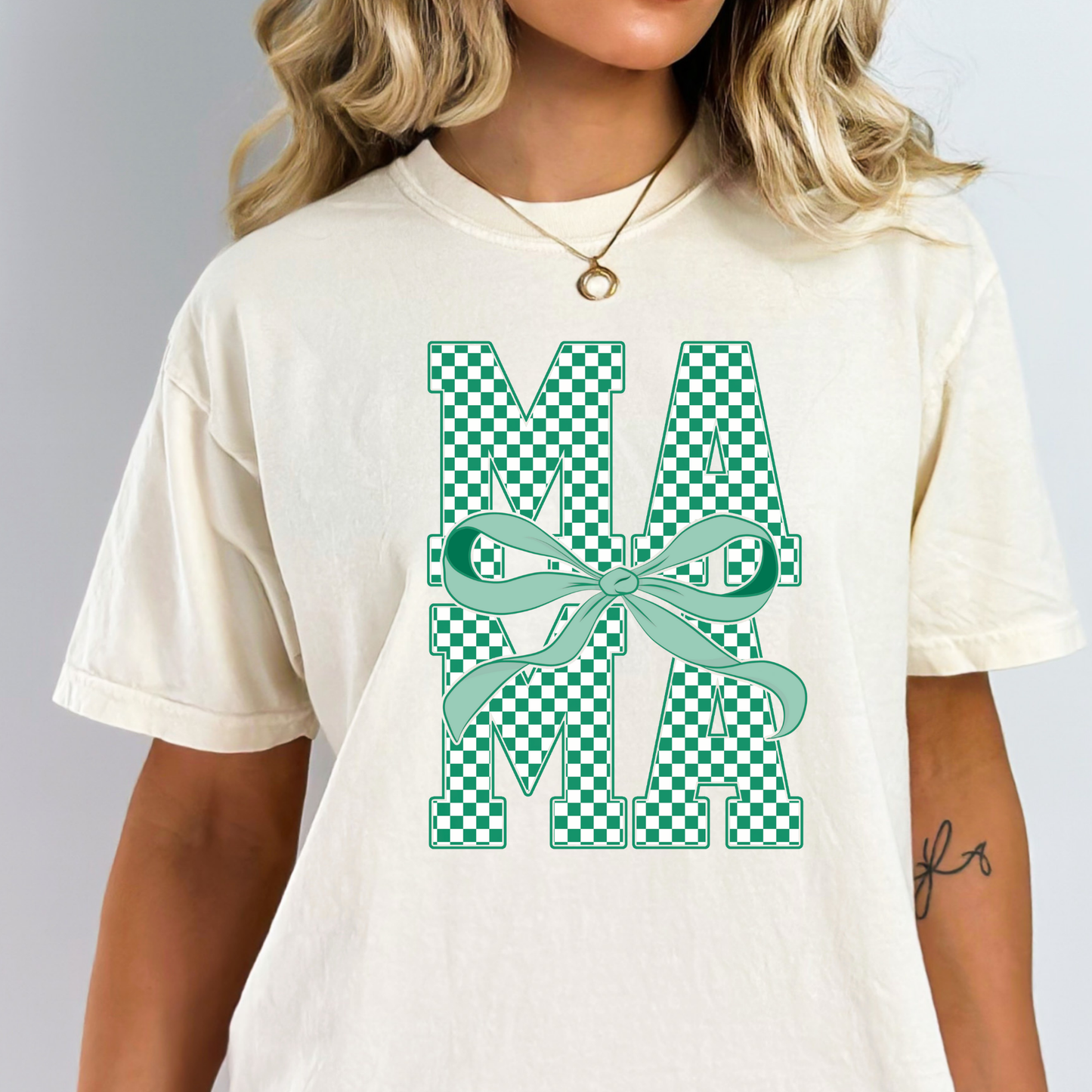 Checkered Stacked Mama (Green) Full Color DTF Transfer