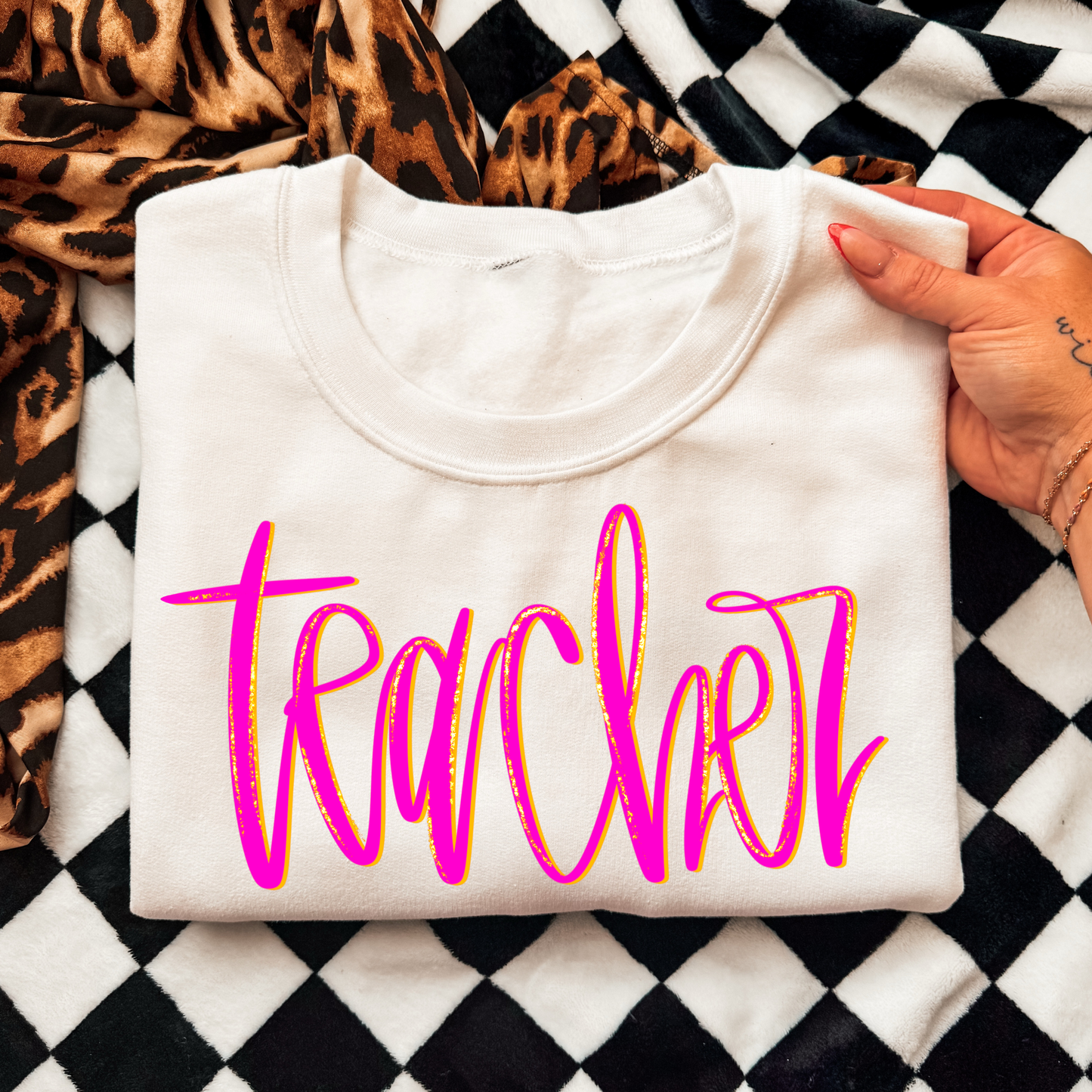 Pink Script Teacher Full Color DTF Transfer