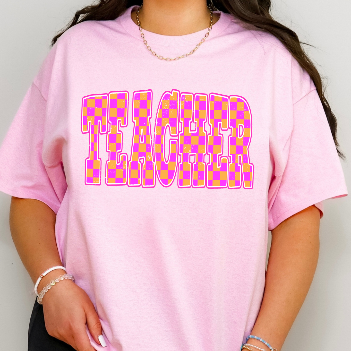 Pink Checkered Teacher Full Color DTF Transfer
