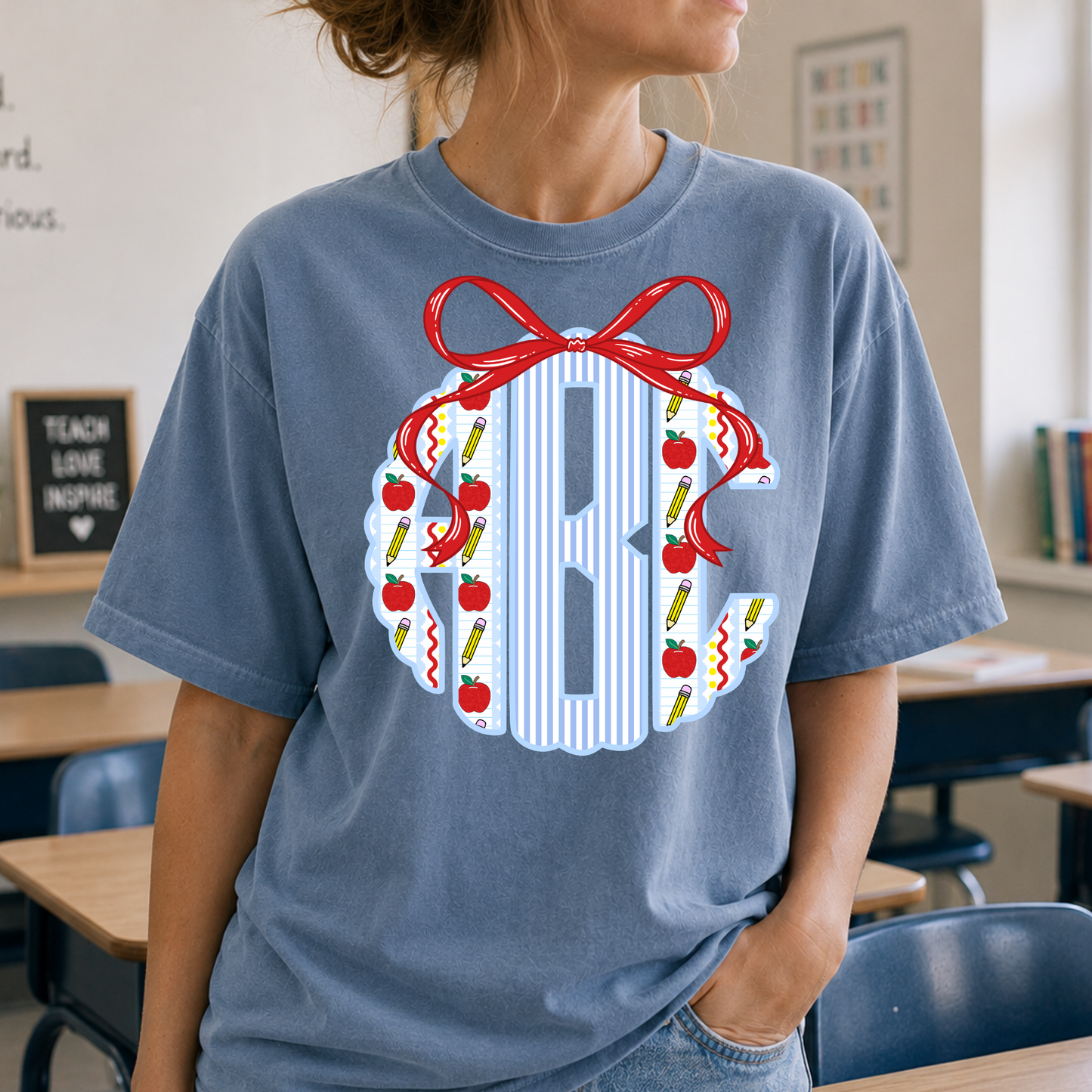 School Monogram w/Red Bow Full Color DTF Transfer