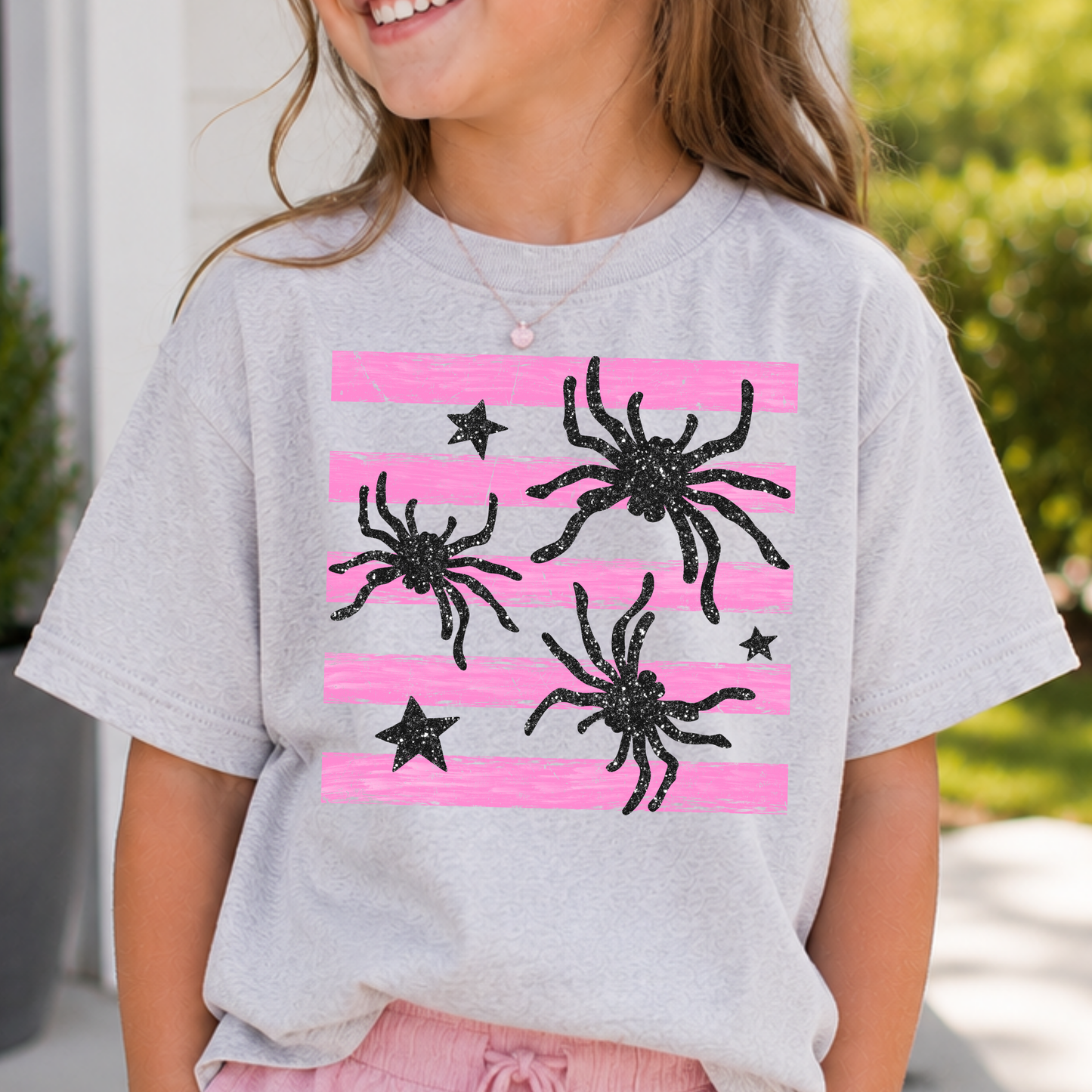 Sparkly Spiders (Pink Stripe Background) Full Color DTF Transfer