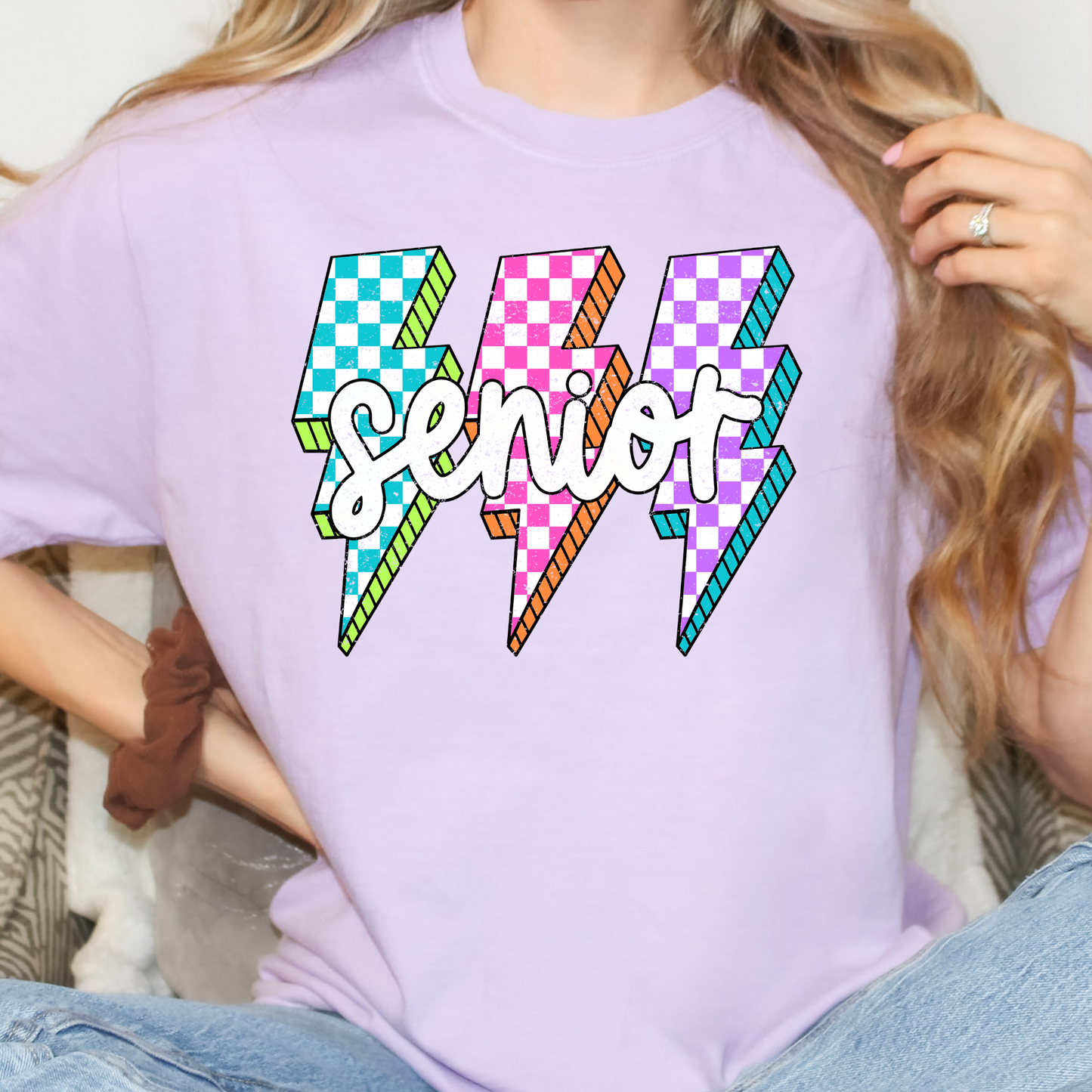Senior Multi Color Checkered Lighting Bolts Full Color DTF Transfer