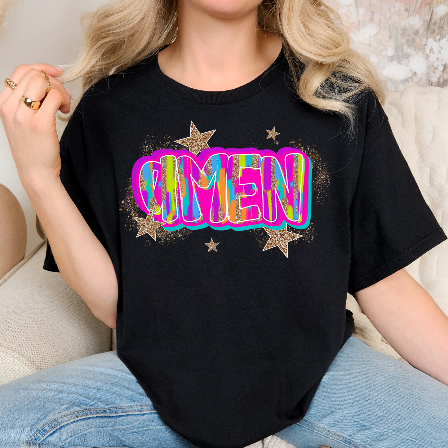 Brush Stroke Faux Glitter Amen Full Color DTF Transfer