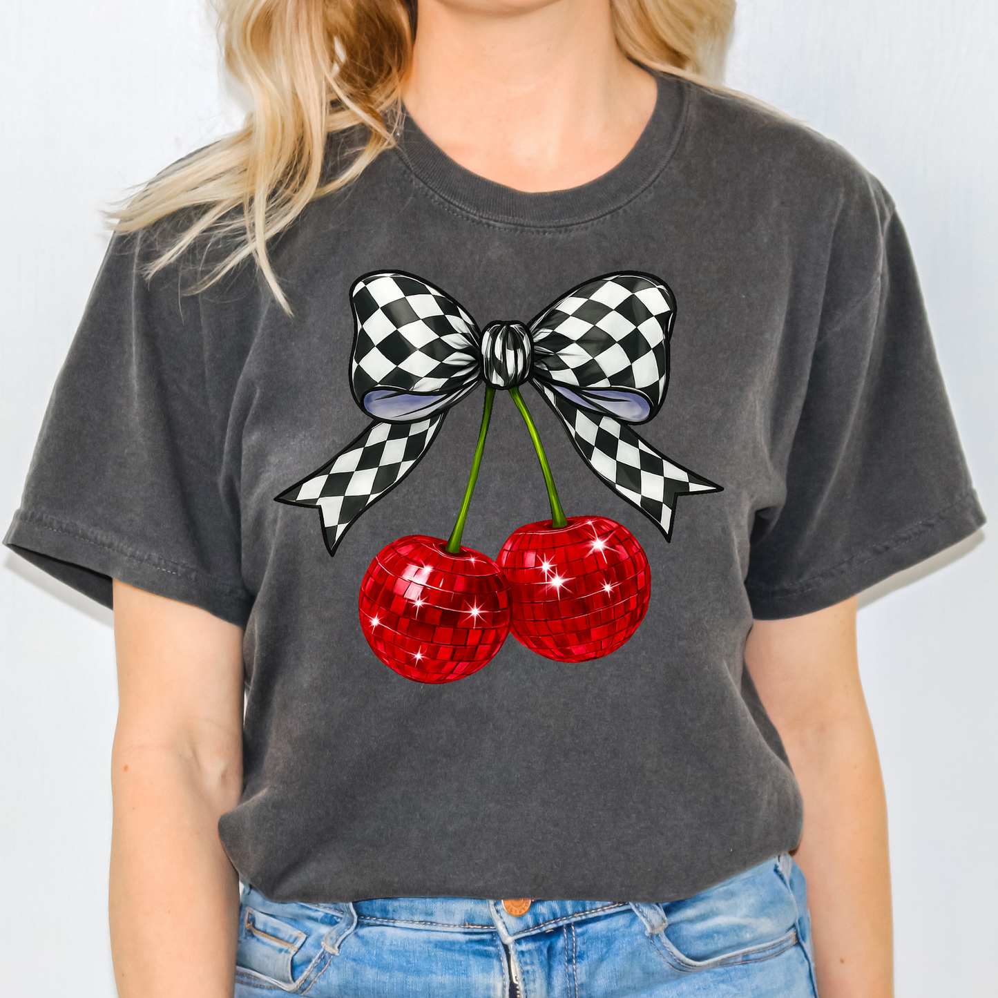 Checkered Bow Cherries Full Color DTF Transfer