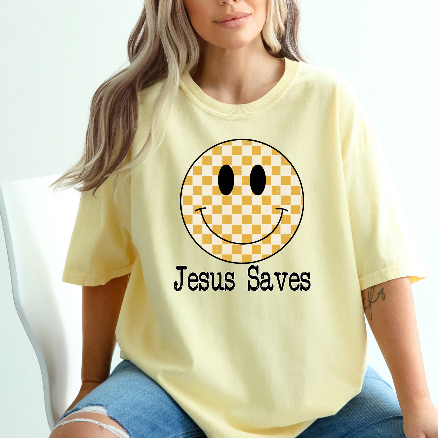 Jesus Saves Yellow Checkered Smiley Full Color DTF Transfer