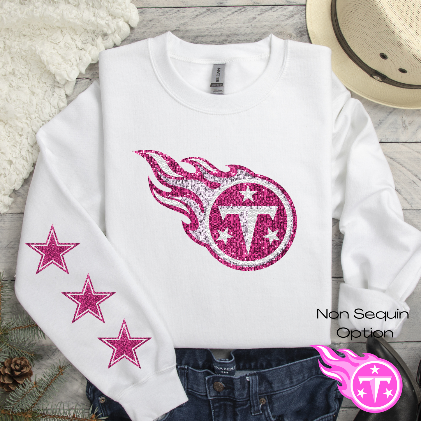 Football Team Logo (Faux Sequin/Non Sequin Option) (ALL N*L TEAMS) w/Star Sleeve Option Full Color DTF Transfer