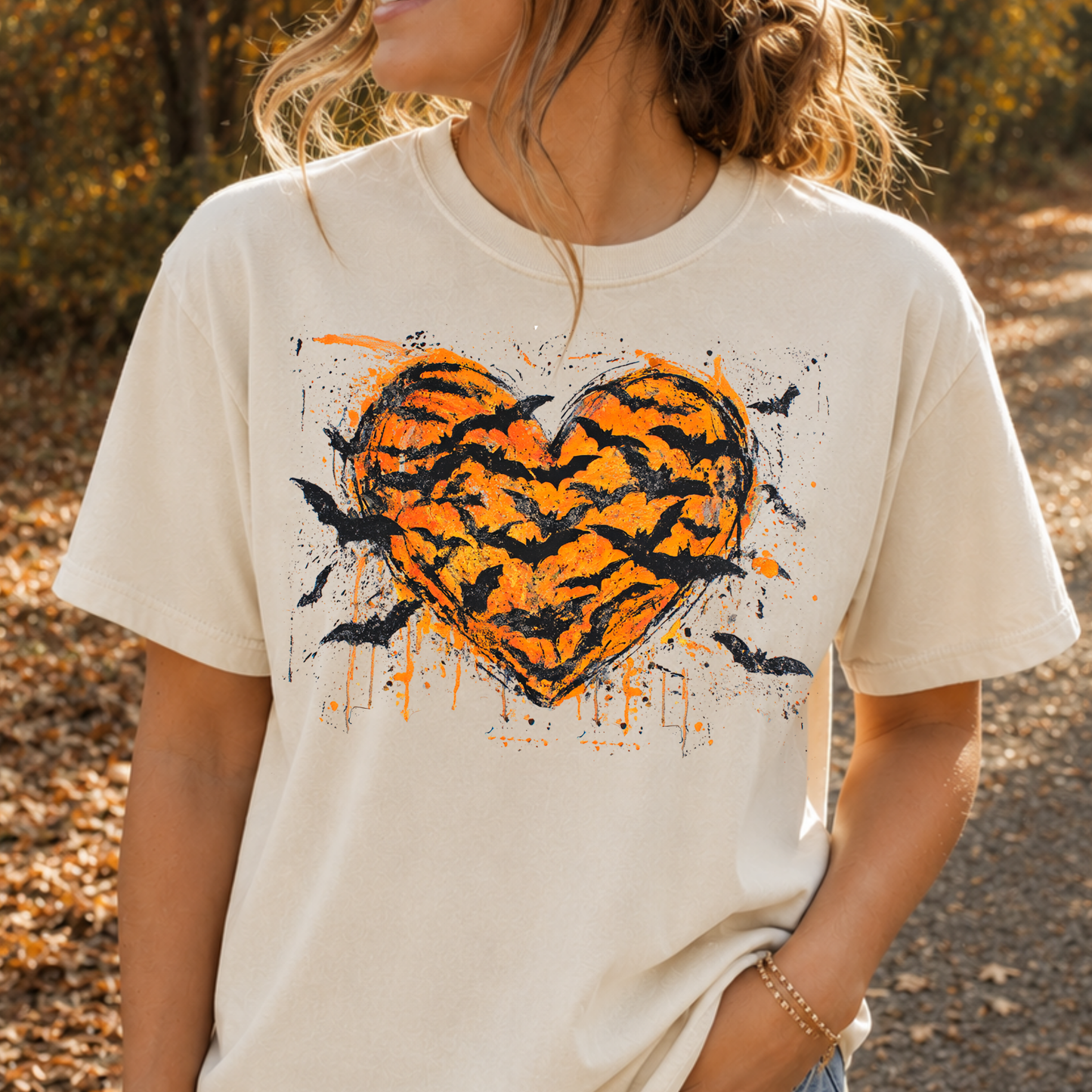Splatter Orange Heart w/Bats Full Color DTF Transfer