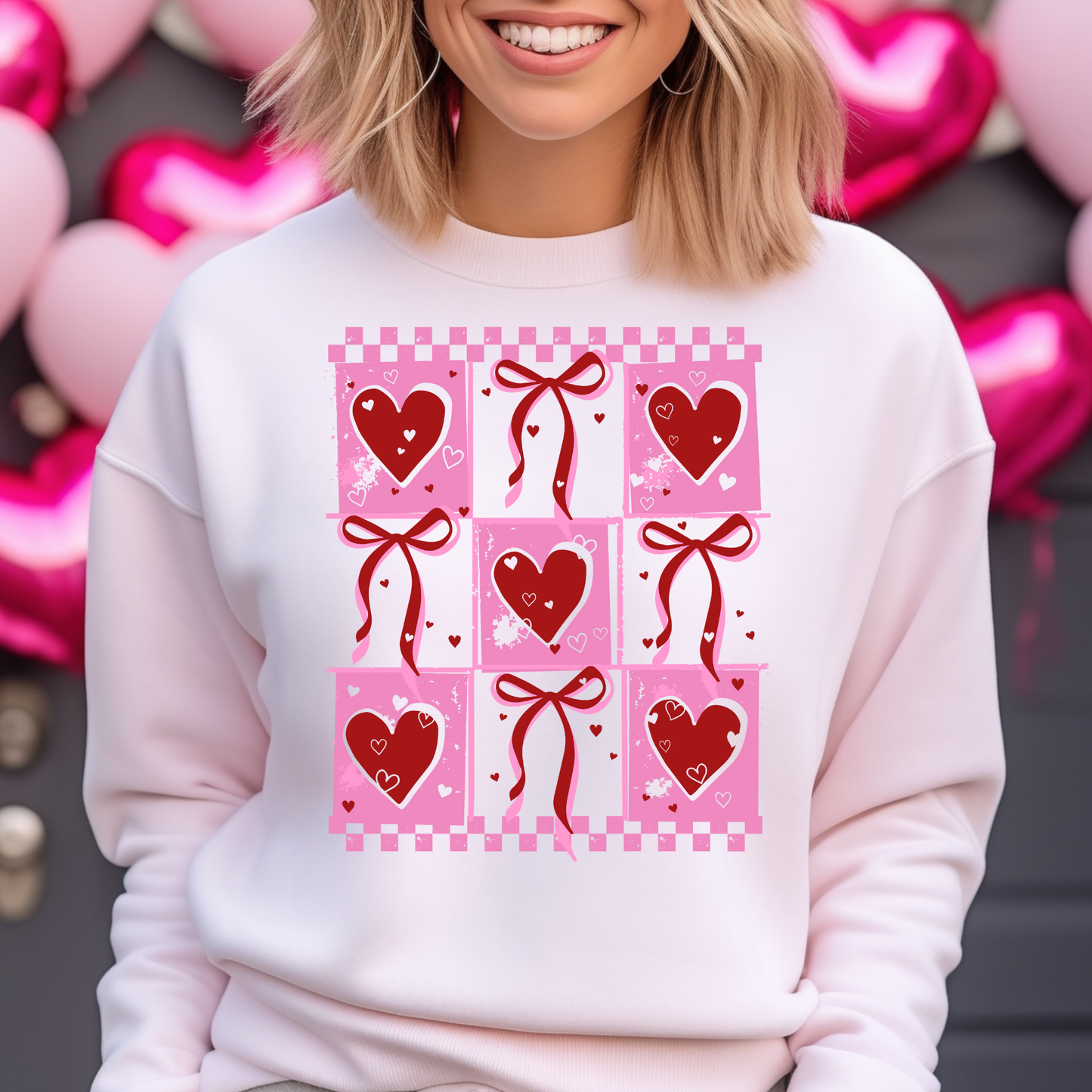 Red Bow/Hearts Grid Full Color DTF Transfer