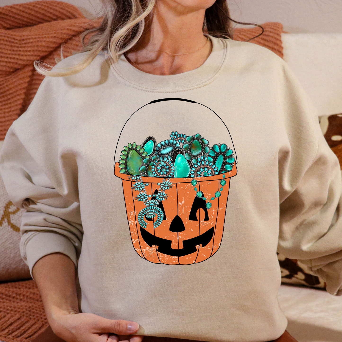 Pumpkin Bucket w/Turquoise Jewerly Full Color DTF Transfer