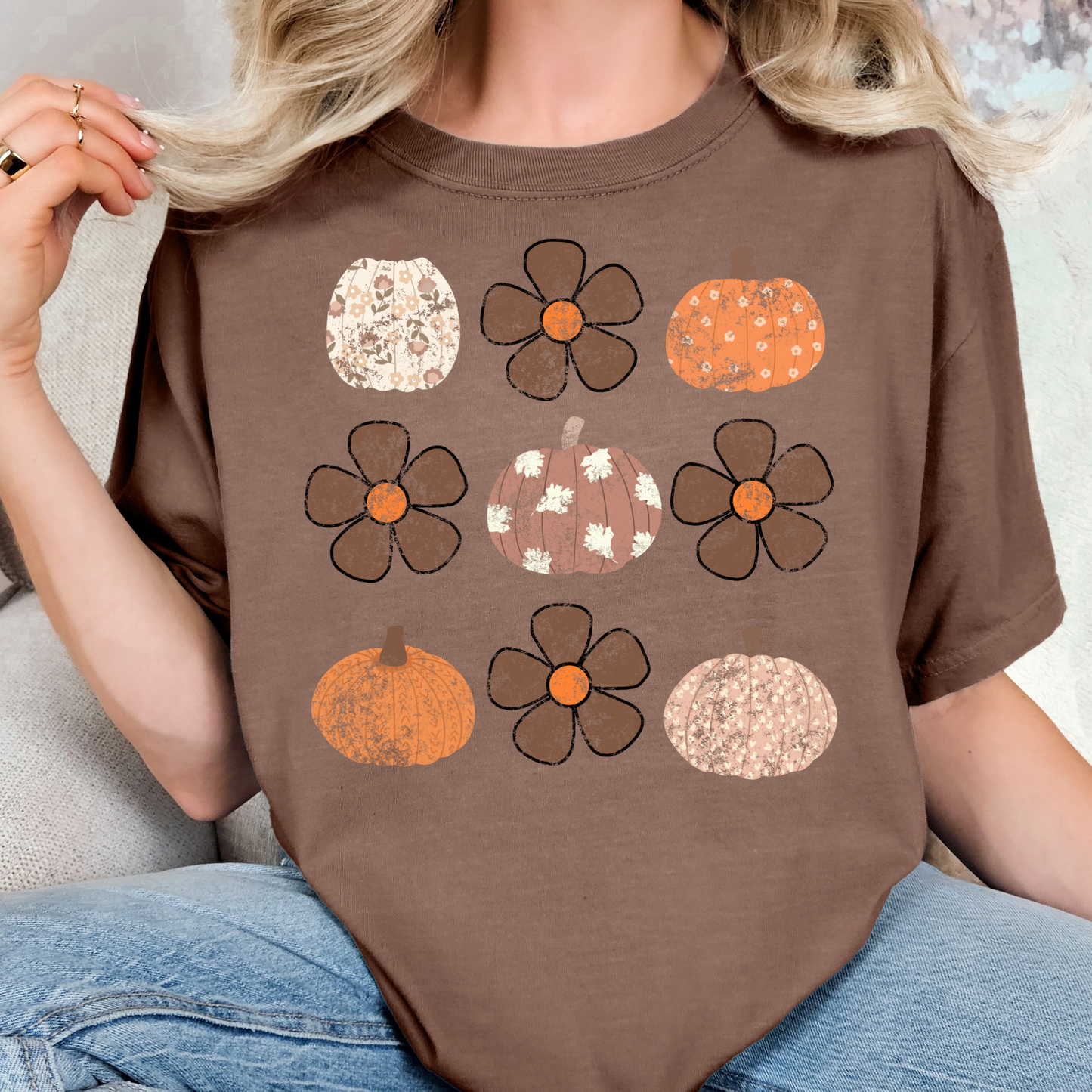 Distressed Pumpkin/Flowers Grid Full Color DTF Transfer