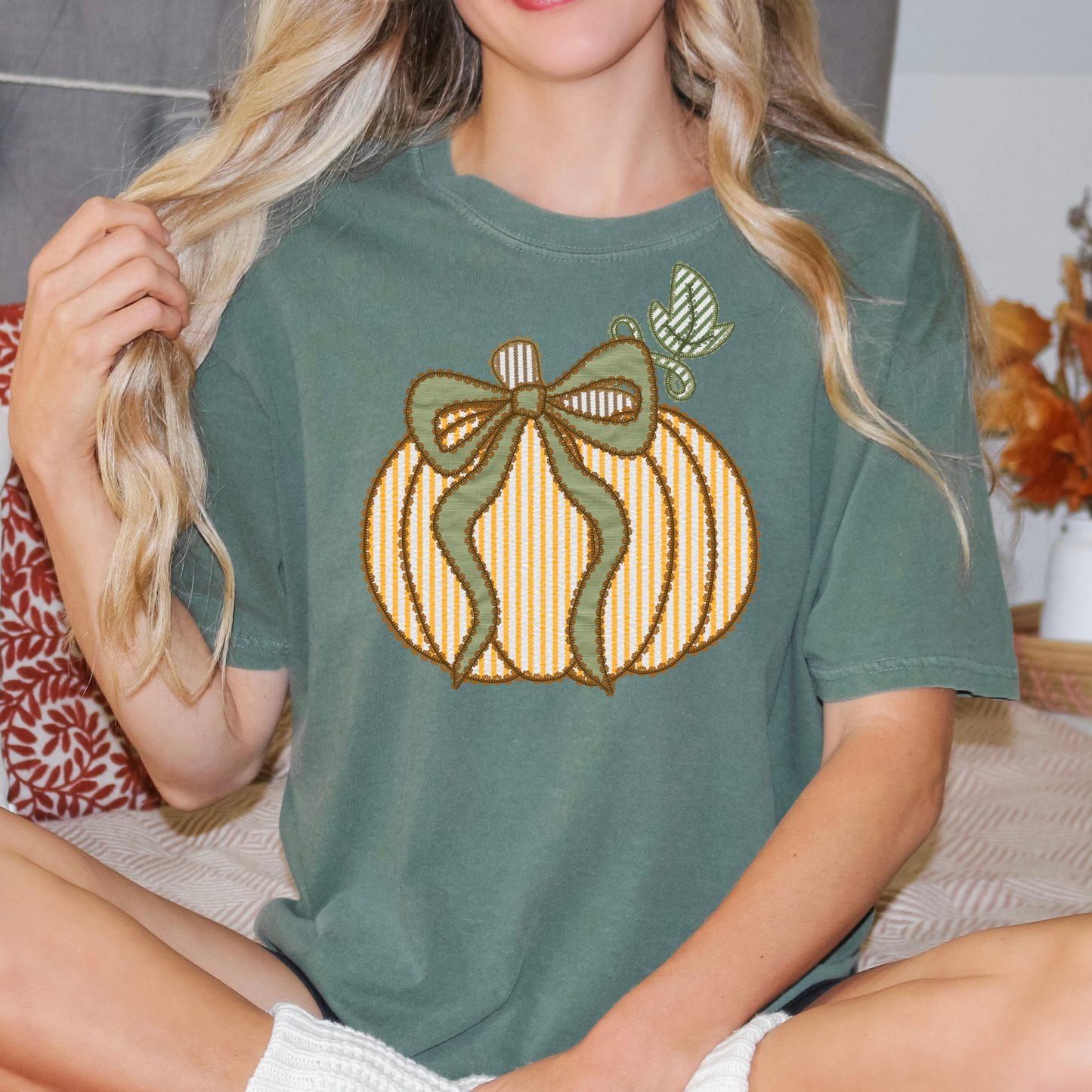 Green Bow Lace Patch Pumpkin Full Color DTF Transfer