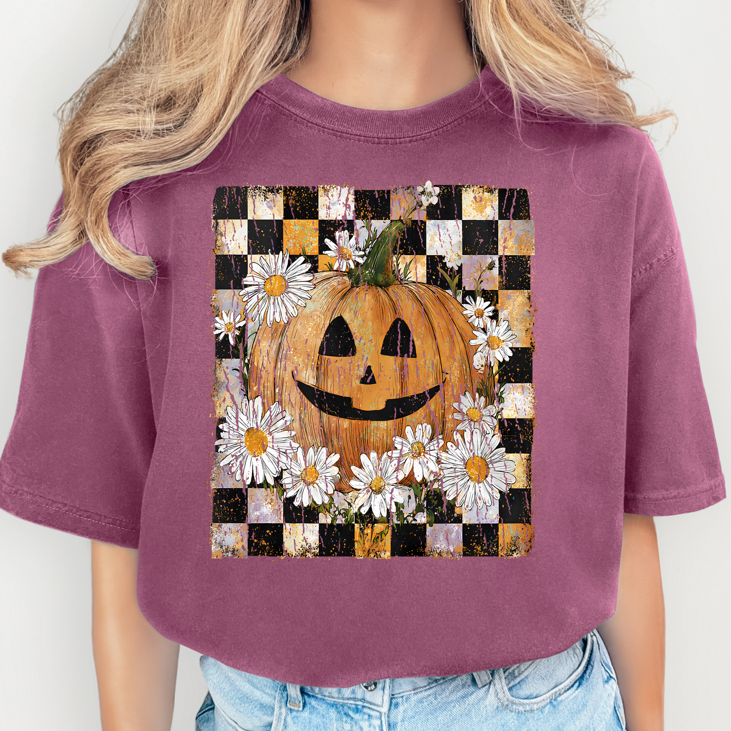 Floral Pumpkin w/Checkered Background Full Color DTF Transfer