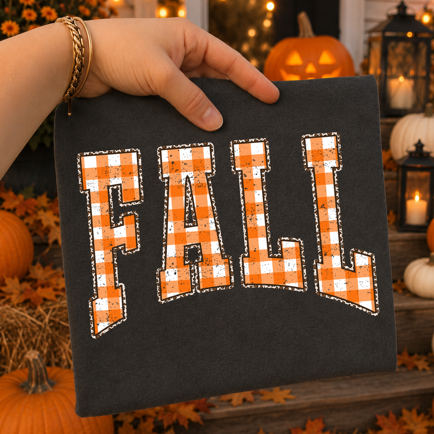 Fall Orange Gingham w/ Leopard Outline Full Color DTF Transfer