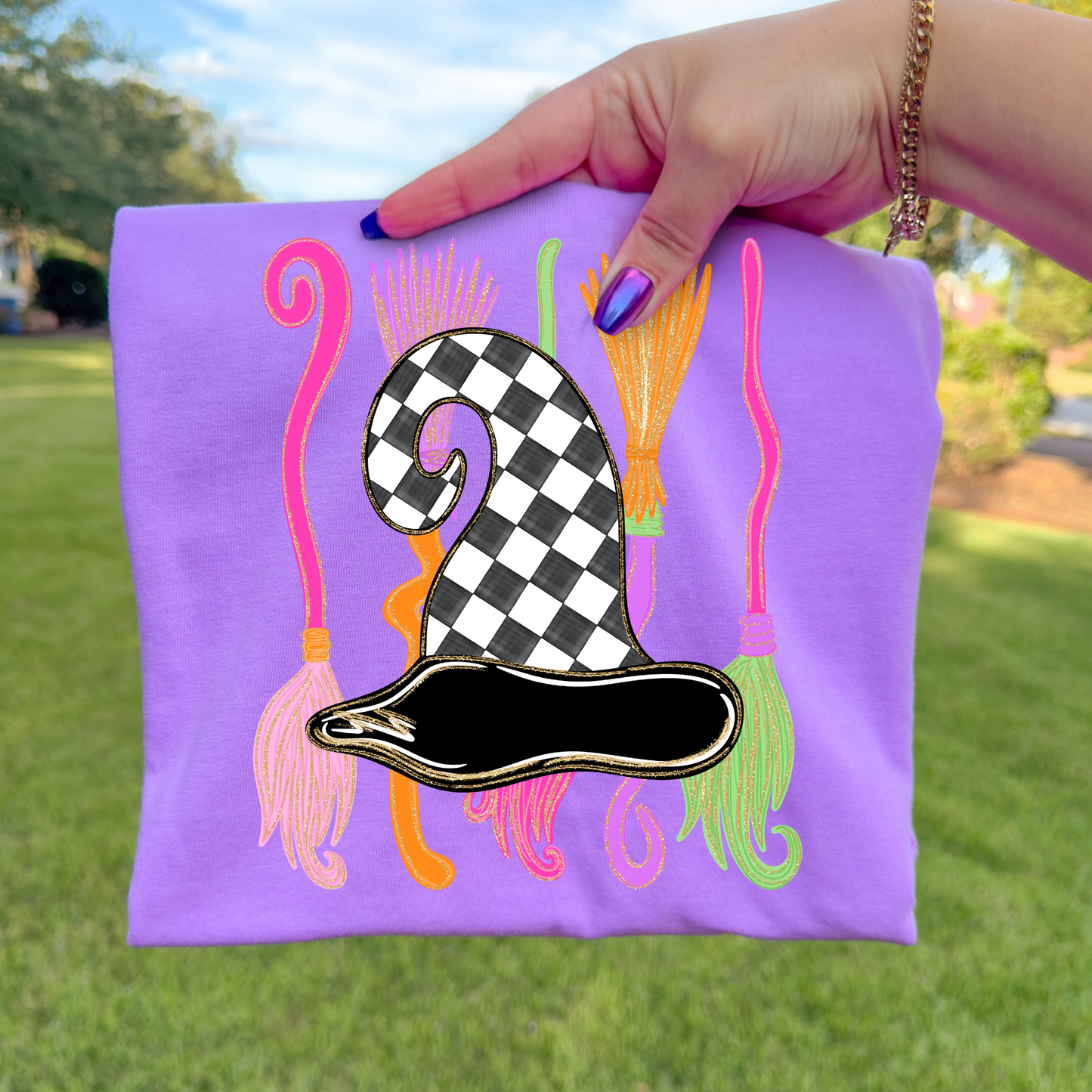 Colorful Witches Broom w/ Checkered Witch Hat Full Color DTF Transfer