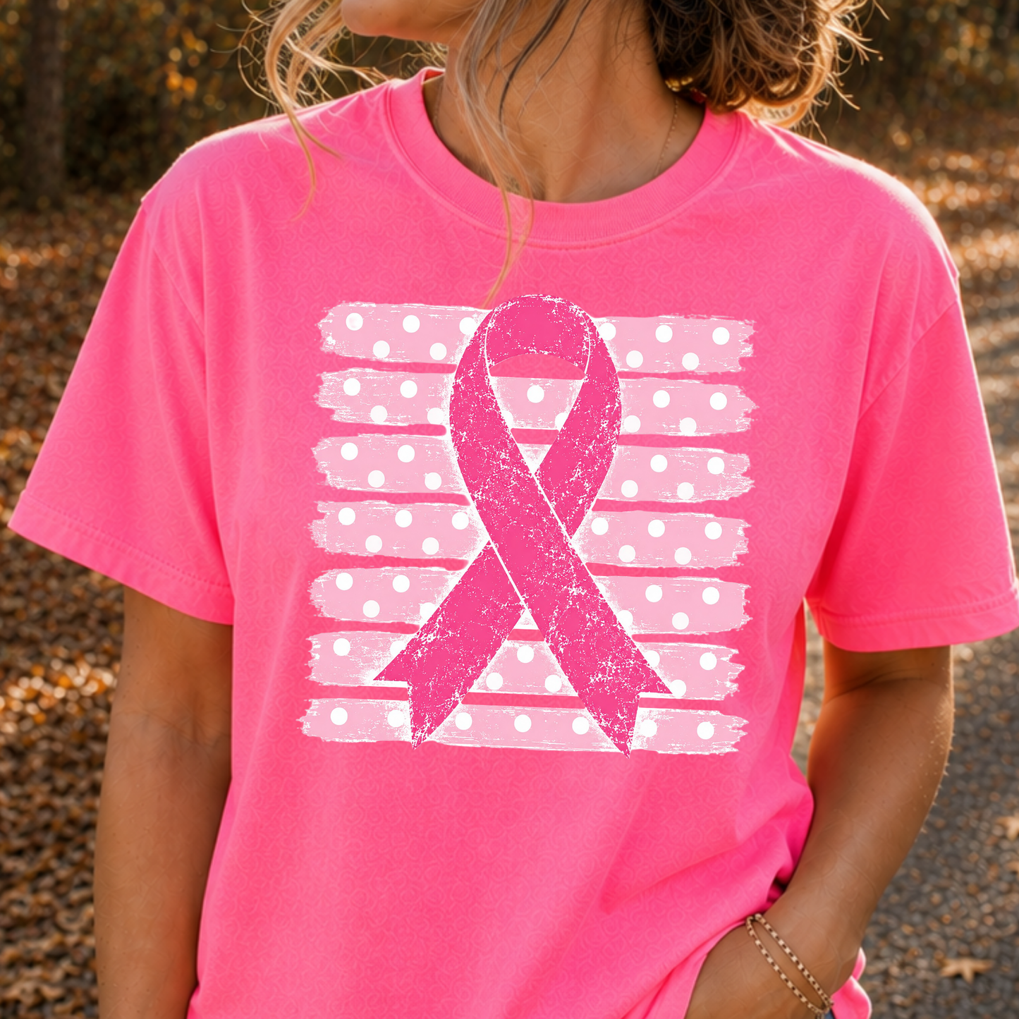 Breast Cancer Ribbon (Polka Dot Stripe Background) Full Color DTF Transfer