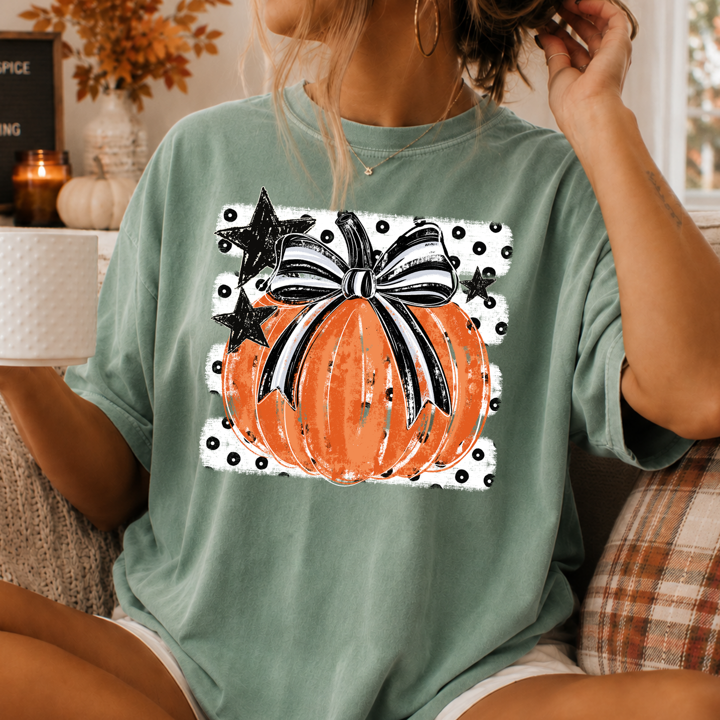 Pumpkin w/ Polka Dot Striped Background Full Color DTF Transfer