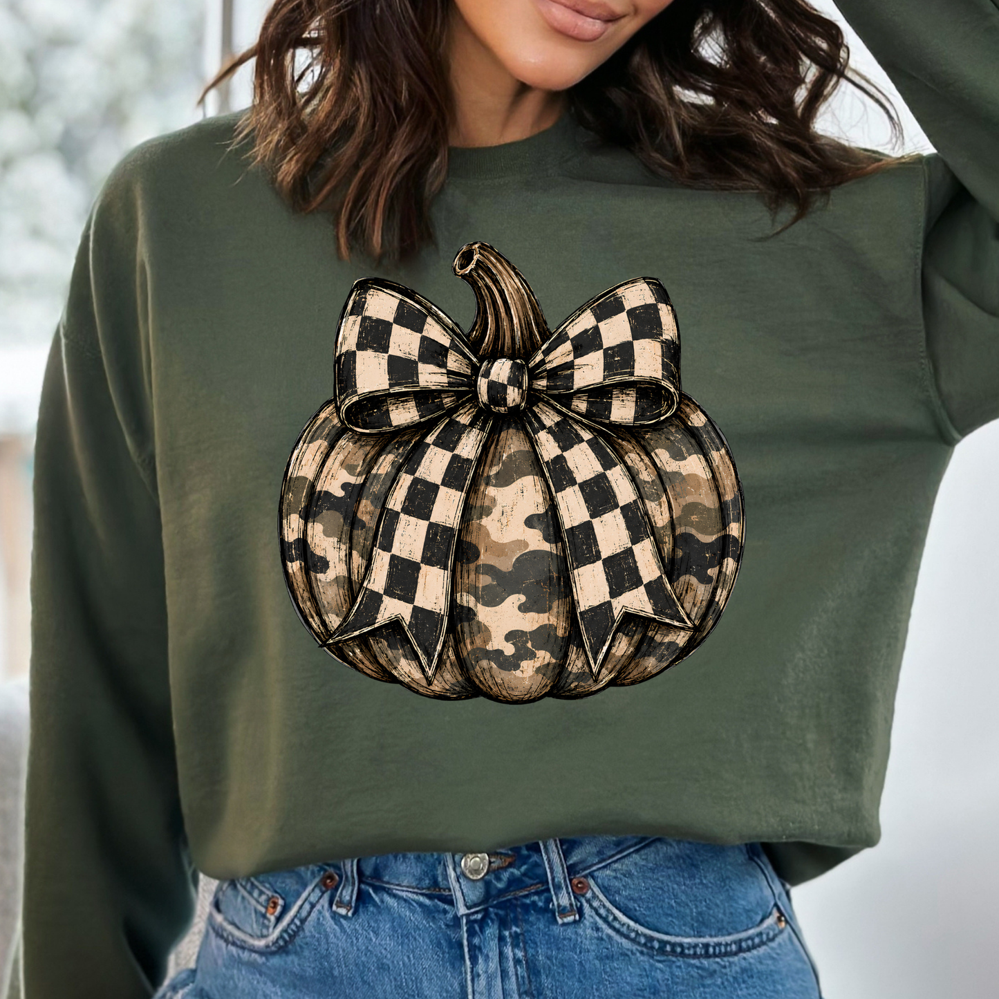 Camo Pumpkin w/Checkered Bow Full Color DTF Transfer