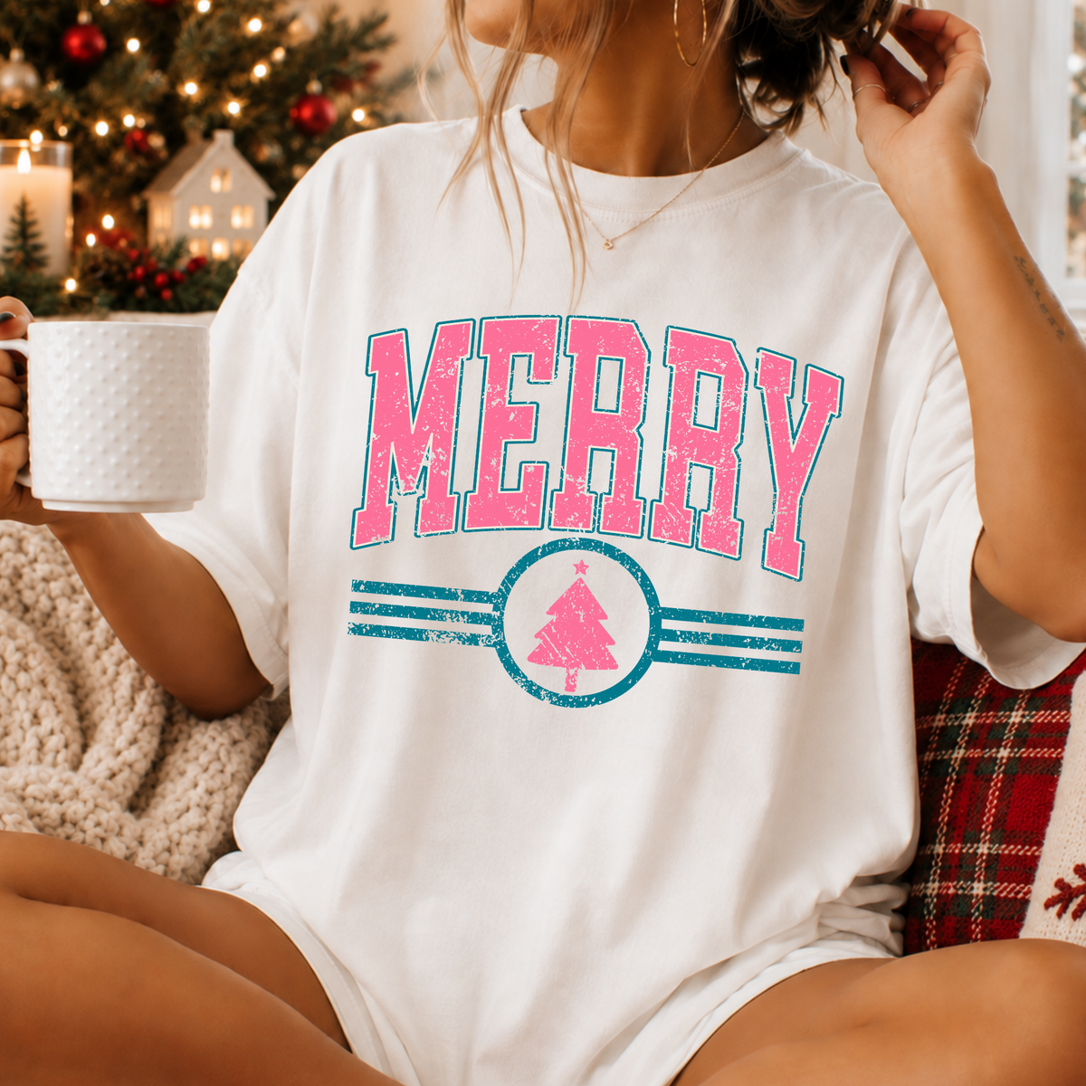 Merry (Distressed) Pink Full Color DTF Transfer