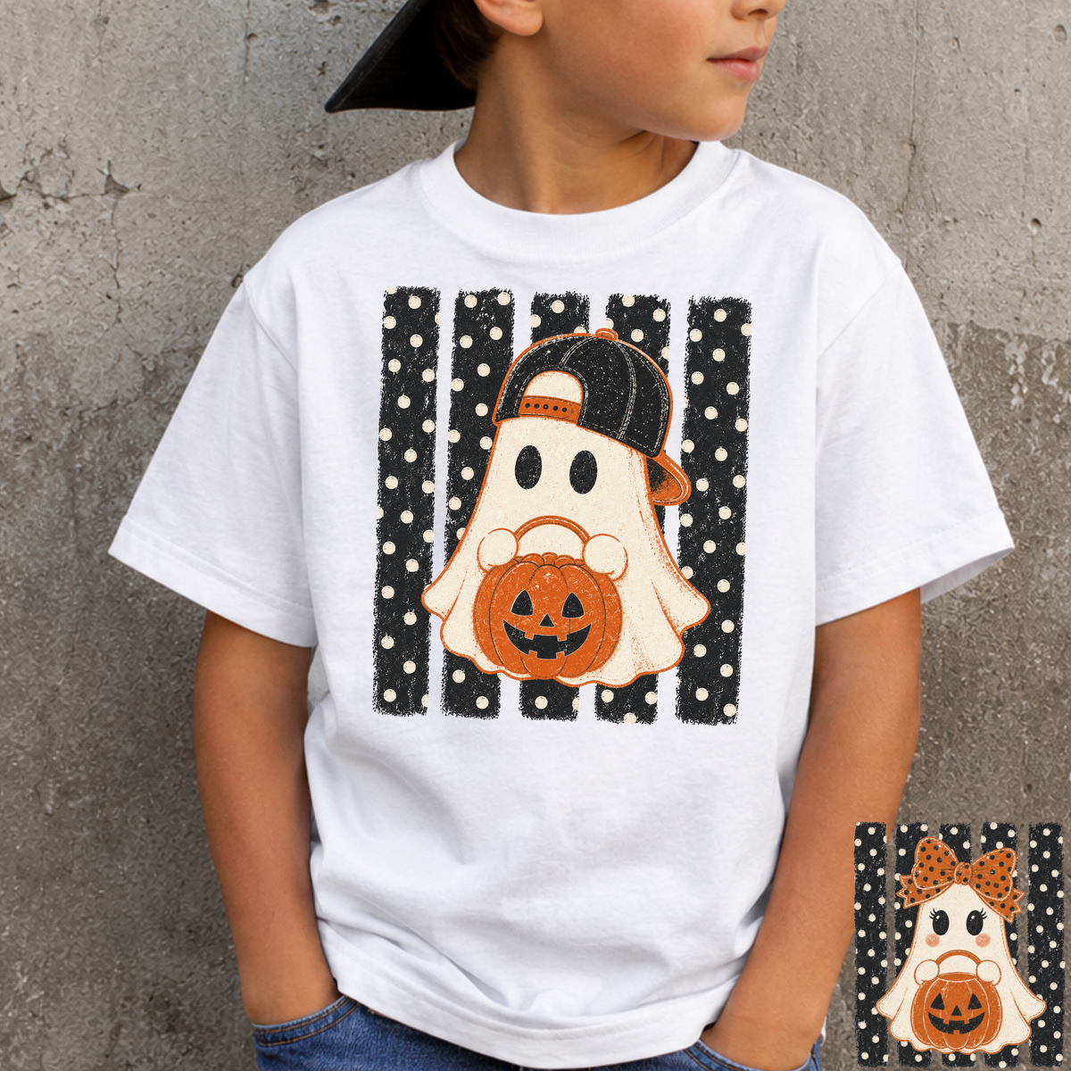 Ghost Holding Pumpkin Striped (Boy and Girl Option) Full Color DTF Transfer