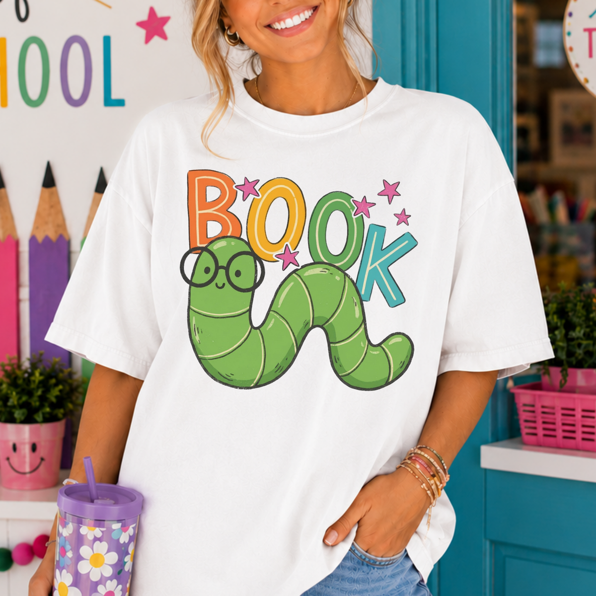 Book Worm Full Color DTF Transfer
