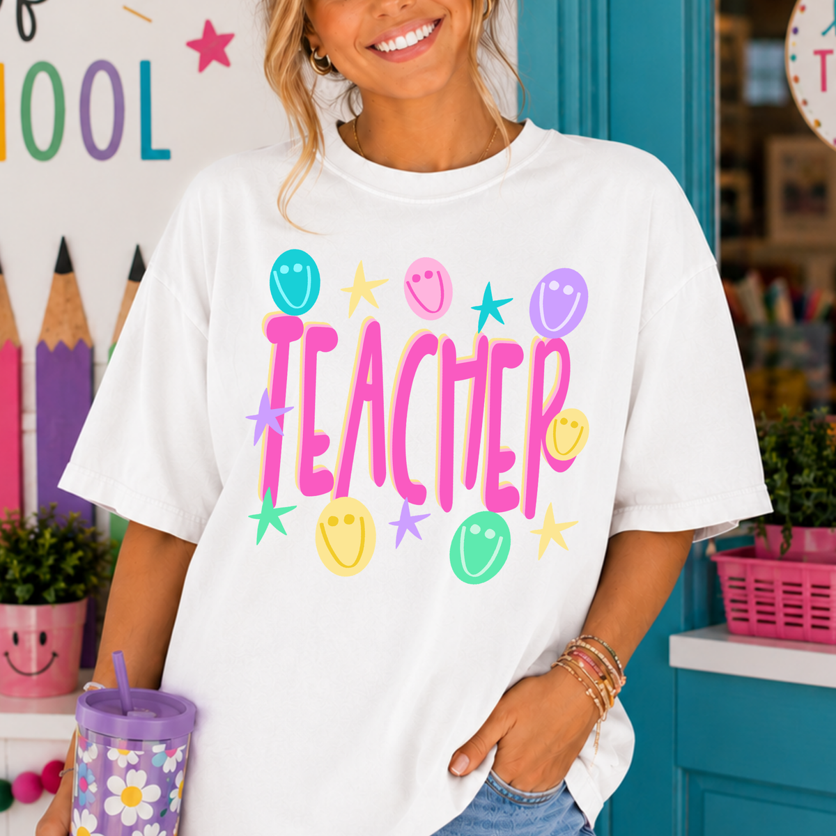 Teacher (Smiley/Star Doodle) Full Color DTF Transfer