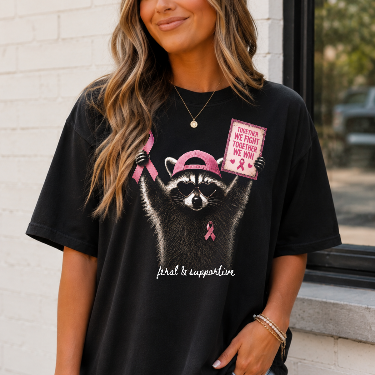 Feral & Supportive - Breast Cancer Raccoon Full Color DTF Transfer