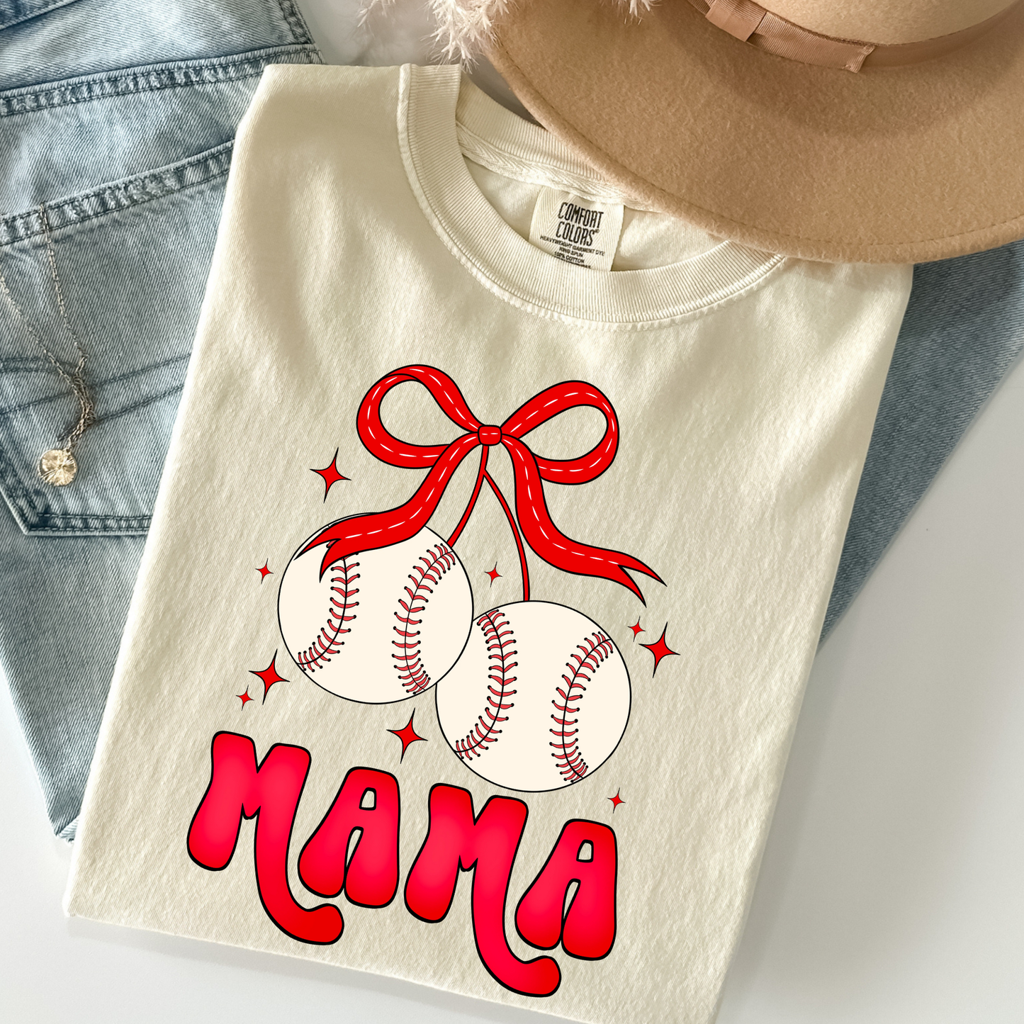 Mama (Cherry Baseball w/Bow) Full Color DTF Transfer