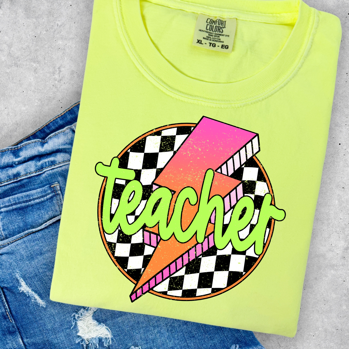 Teacher Pink-Orange Lighting Bolt Checkered Back Full Color DTF Transfer