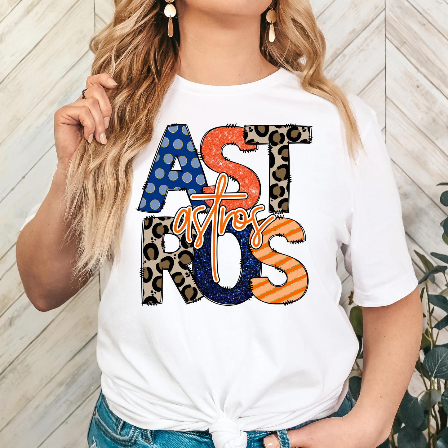 Astros Stacked Applique Style Letters Repeat Full Color DTF Transfer