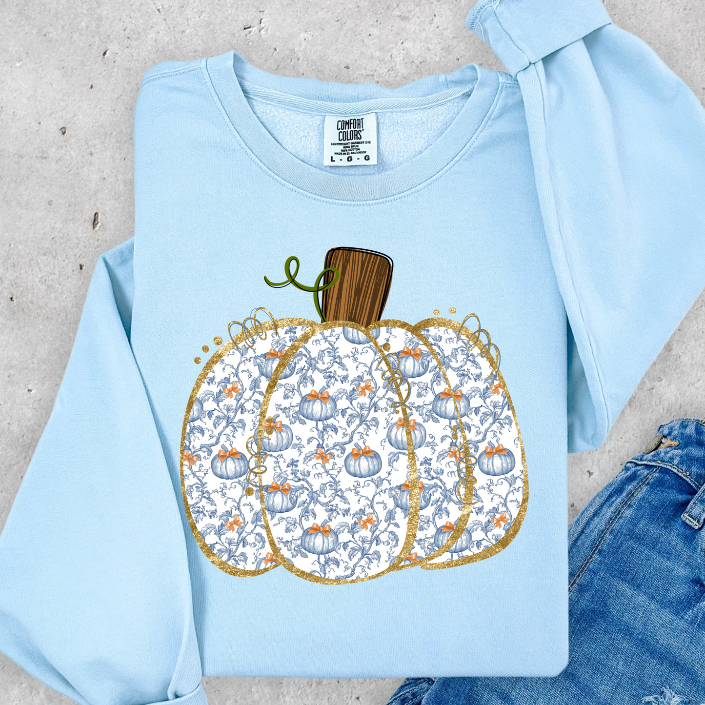 Blue Floral Pumpkin Full Color DTF Transfer