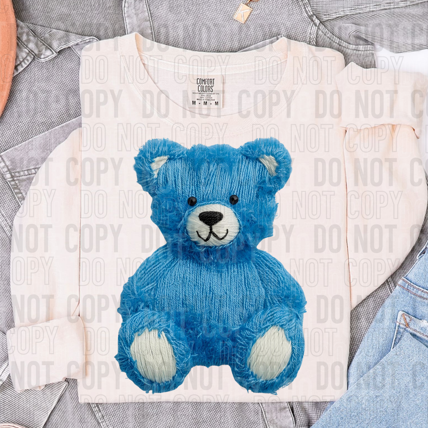 Blue Teddy Bear (Faux Yarn) Full Color DTF Transfer