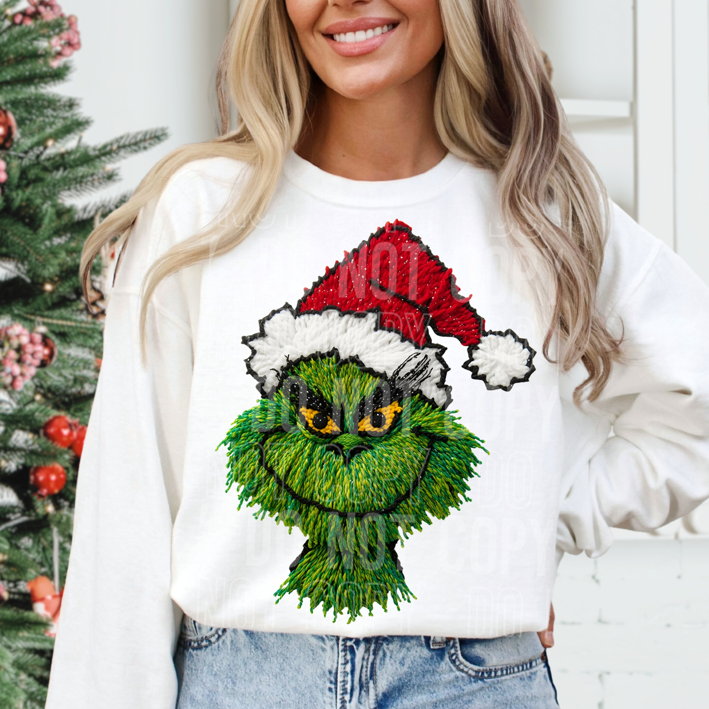 Grinch Face w/Santa Hat (Faux Yarn) Full Color DTF Transfer
