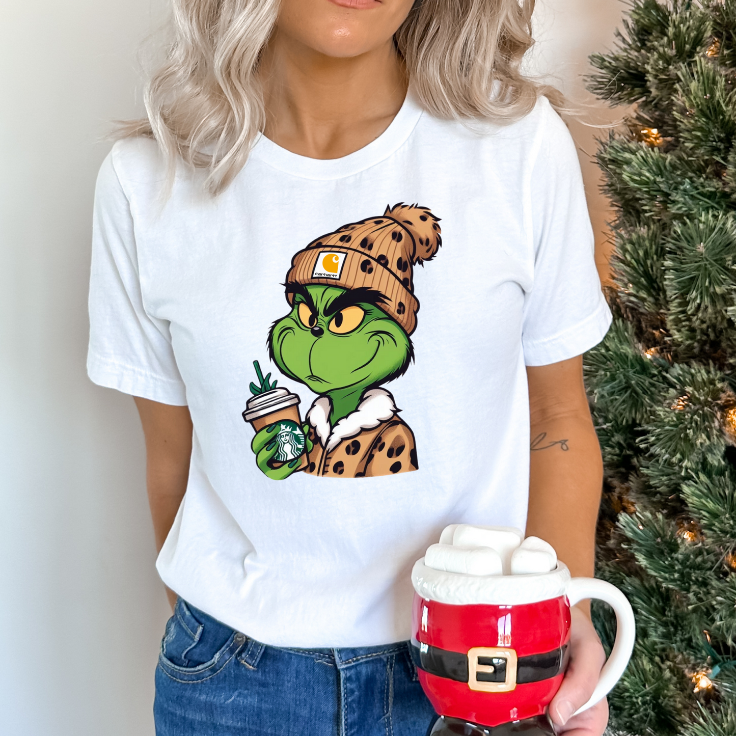 Grinch w/ Beanie and Coffee (Brown Leopard) Full Color DTF Transfer