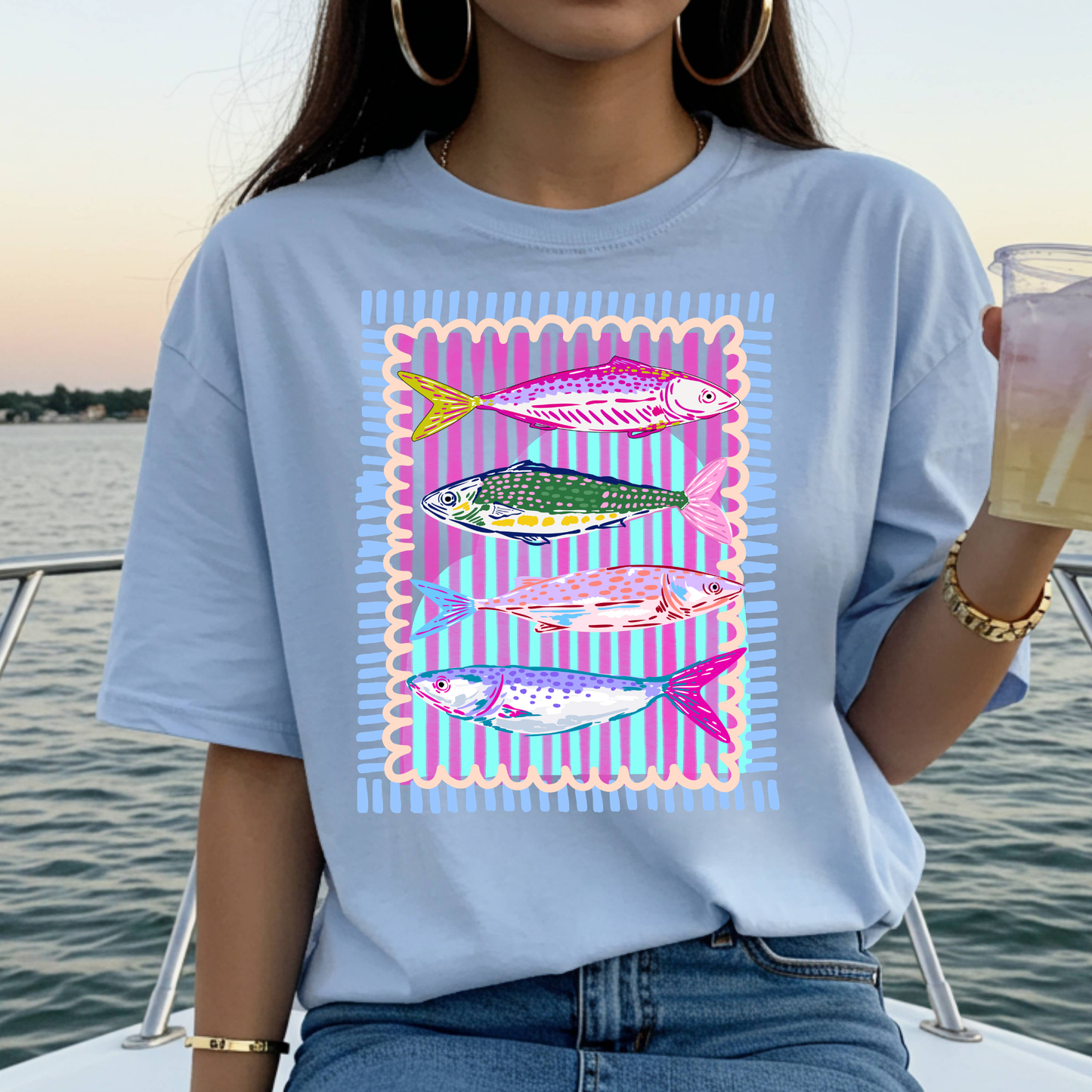 Preppy Framed Fish (Purple Stripes/Blue Slashes) Full Color DTF Transfer