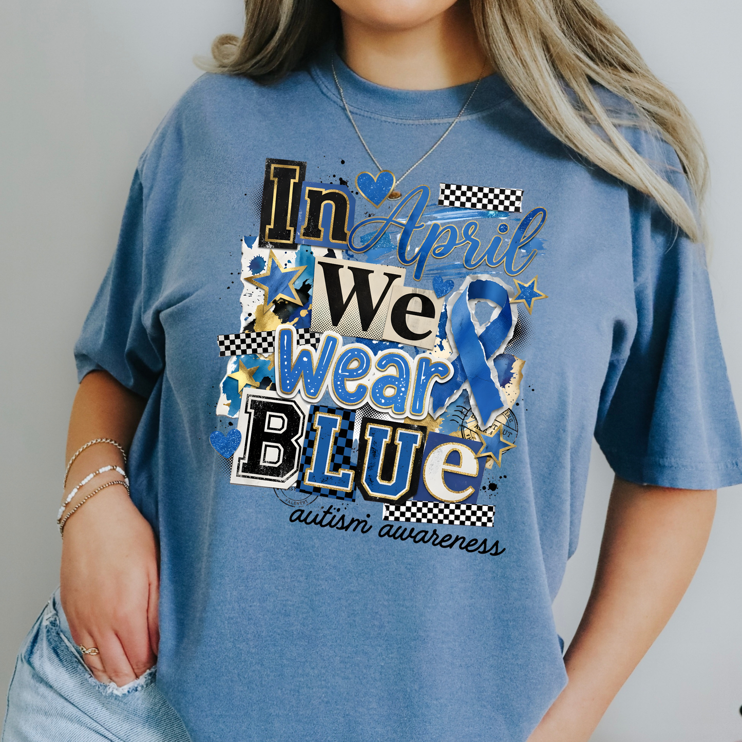 In April We Wear Blue For Autism Awareness (Scrapbook) Full Color DTF Transfer