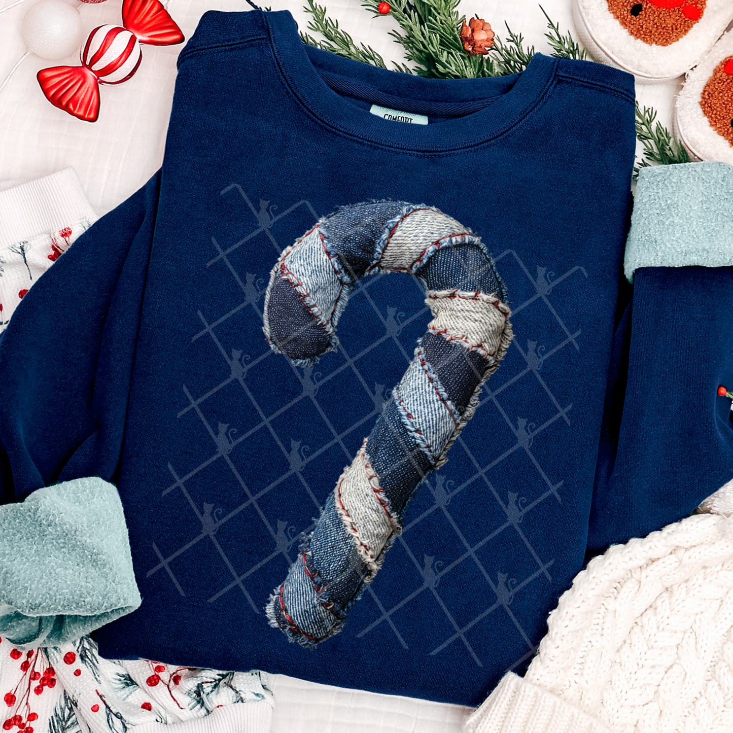 Candy Cane Patchwork (Faux Denim) Full Color DTF Transfer