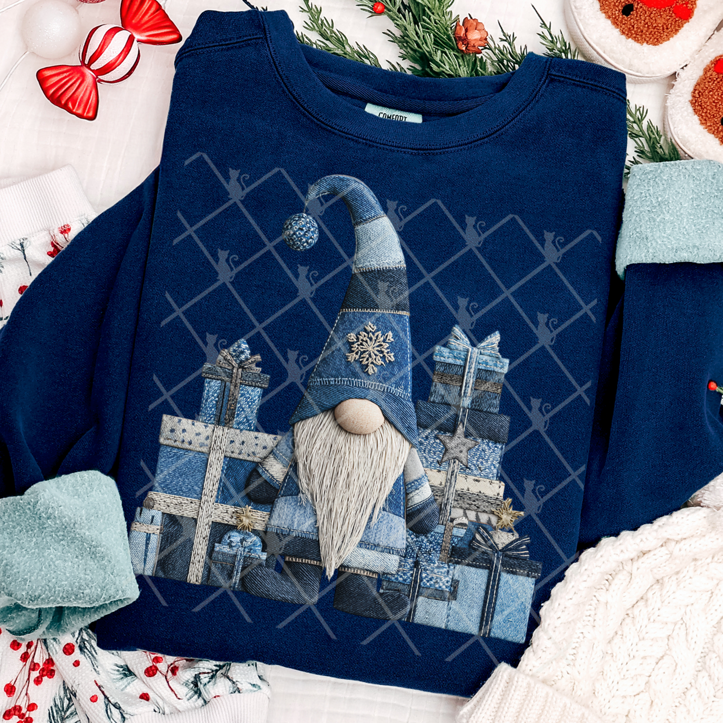 Christmas Gnome Patchwork (Faux Denim) Full Color DTF Transfer