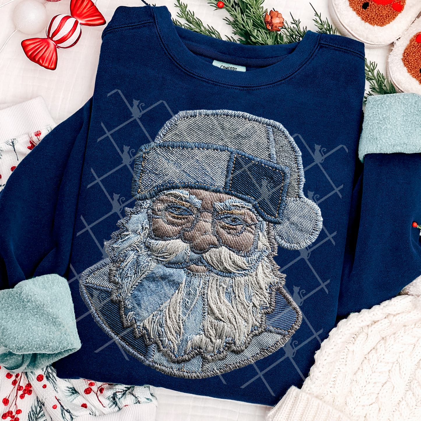Santa Head Patchwork (Faux Denim) Full Color DTF Transfer