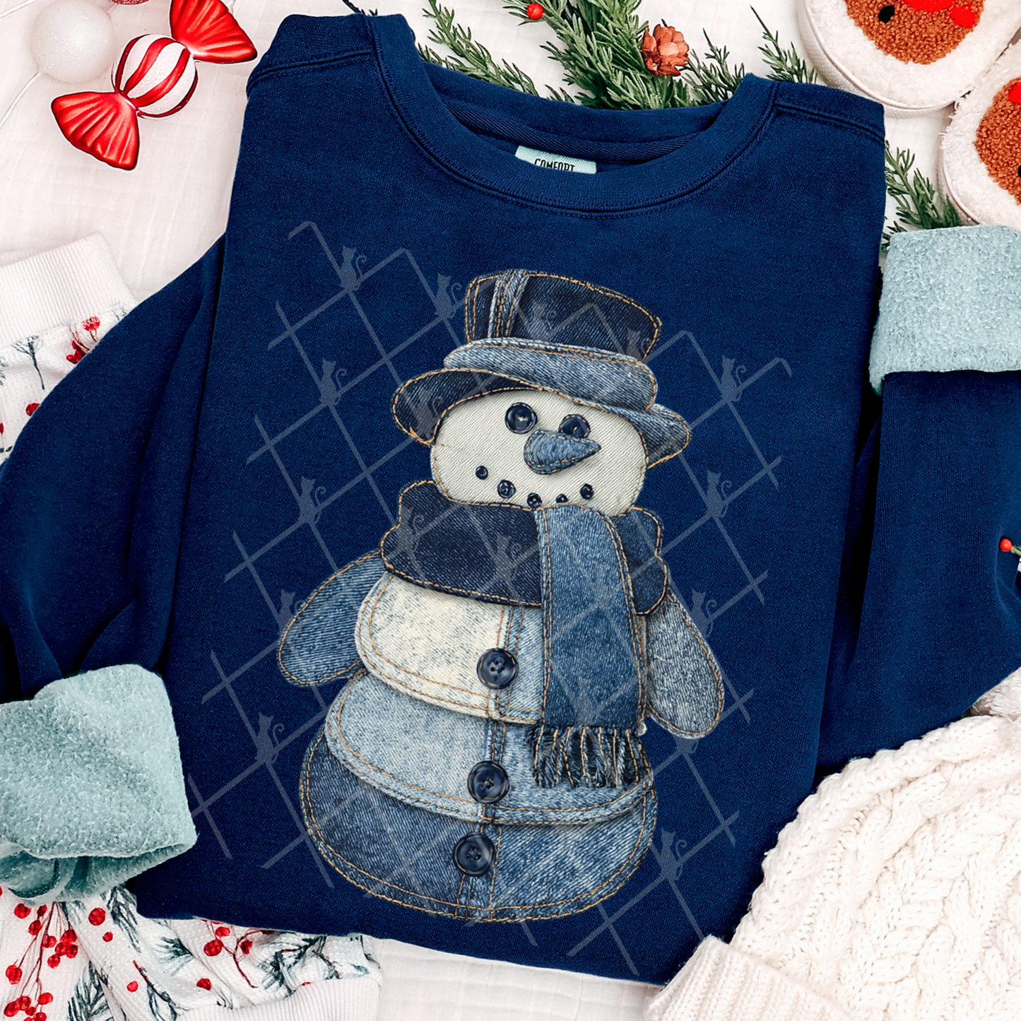 Snowman Patchwork (Faux Denim) Full Color DTF Transfer