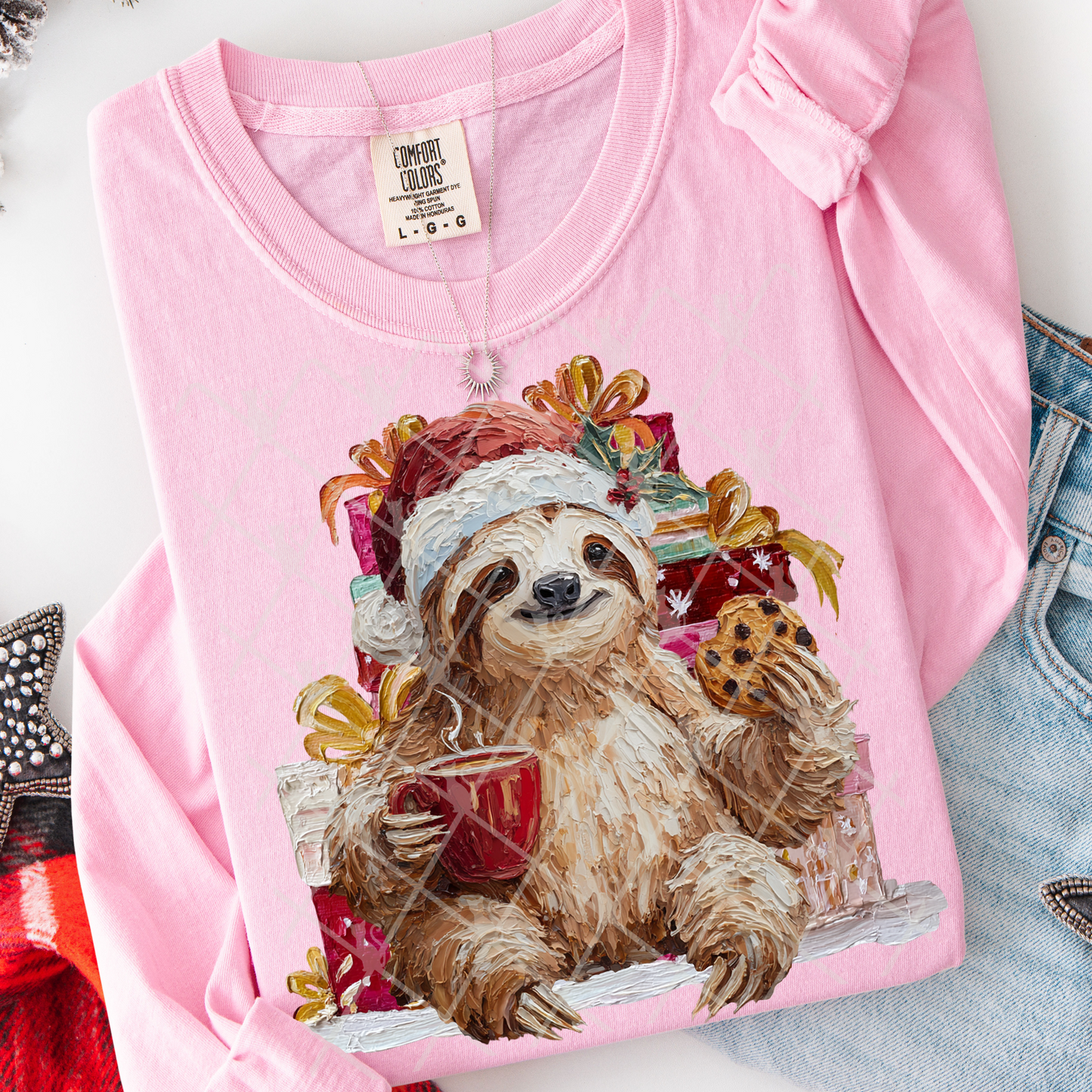 Christmas Sloth (Faux Hand Painted) Full Color DTF Transfer