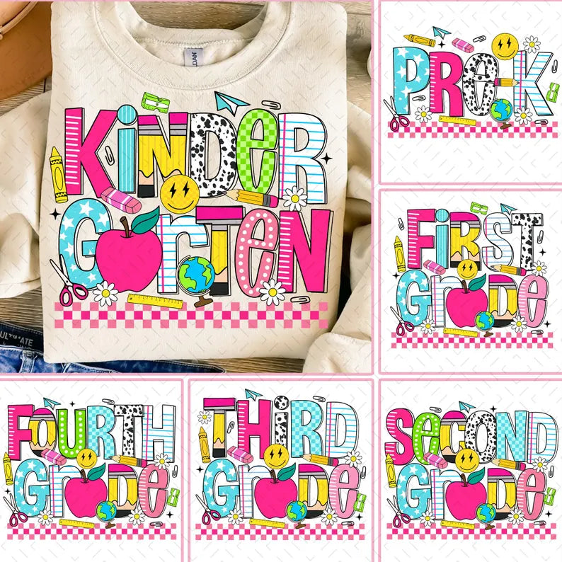 School Doodle w/Supplies Grade (MULTI GRADE OPTIONS) Full Color DTF Transfer