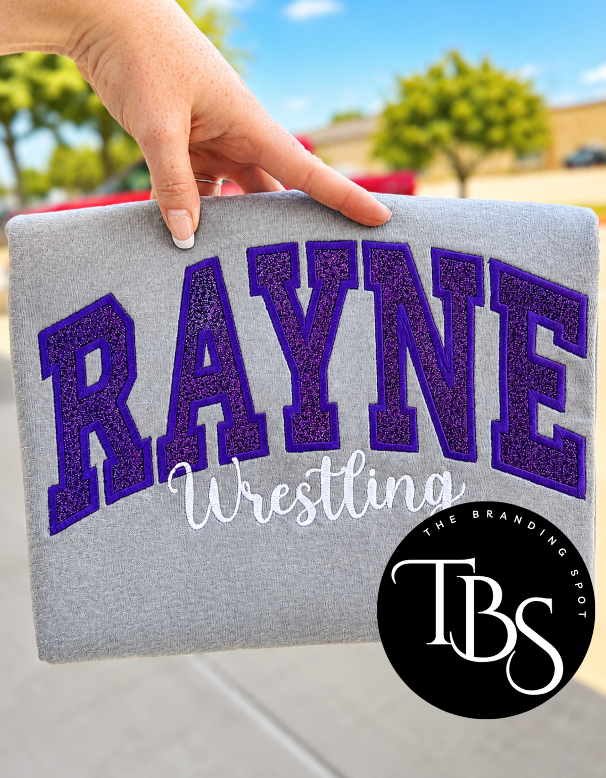 Glitter Appliqué w/Script Under Embroidered Sweatshirt/T-Shirt