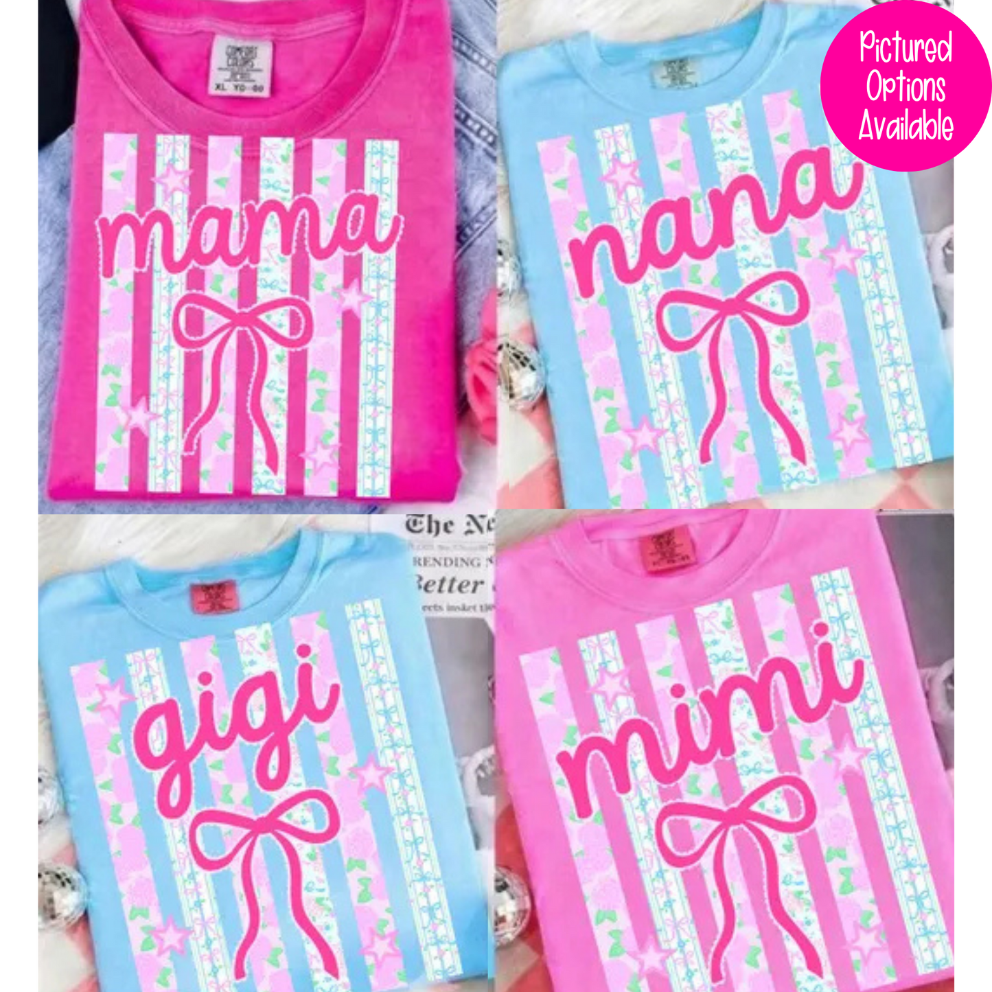 Mama Floral Striped w/Bow (Nana - Gigi - Mimi Options) Full Color DTF Transfer