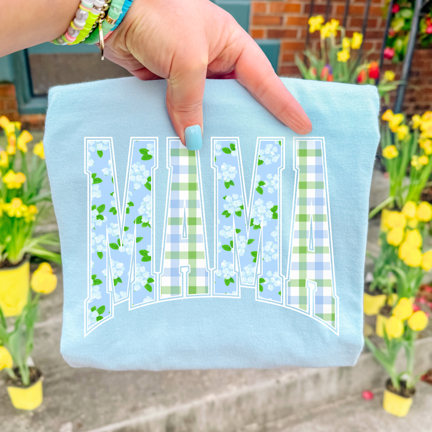 Mama Blue/Green Floral Checkered Full Color DTF Transfer