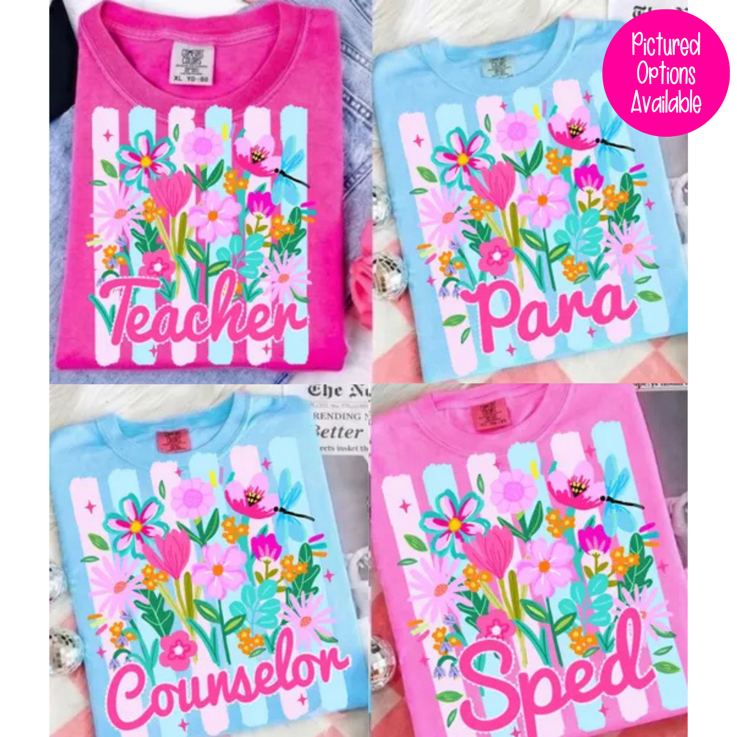 Boquet Striped Teacher (Para - Sped - Counselor Options) Full Color DTF Transfer