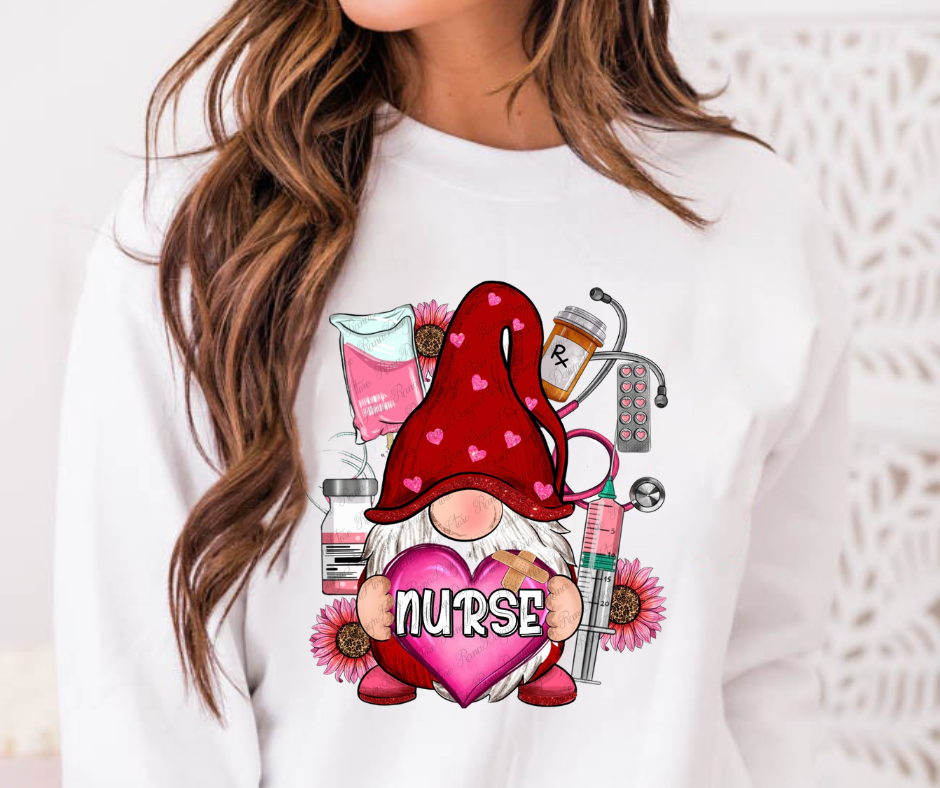 Valentines Nurse Theme Gnome Full Color DTF Transfer