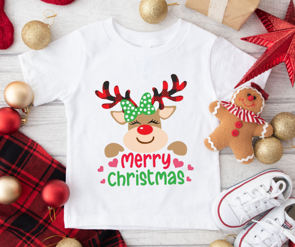Merry Christmas Reindeer With Bow Full Color DTF Transfer