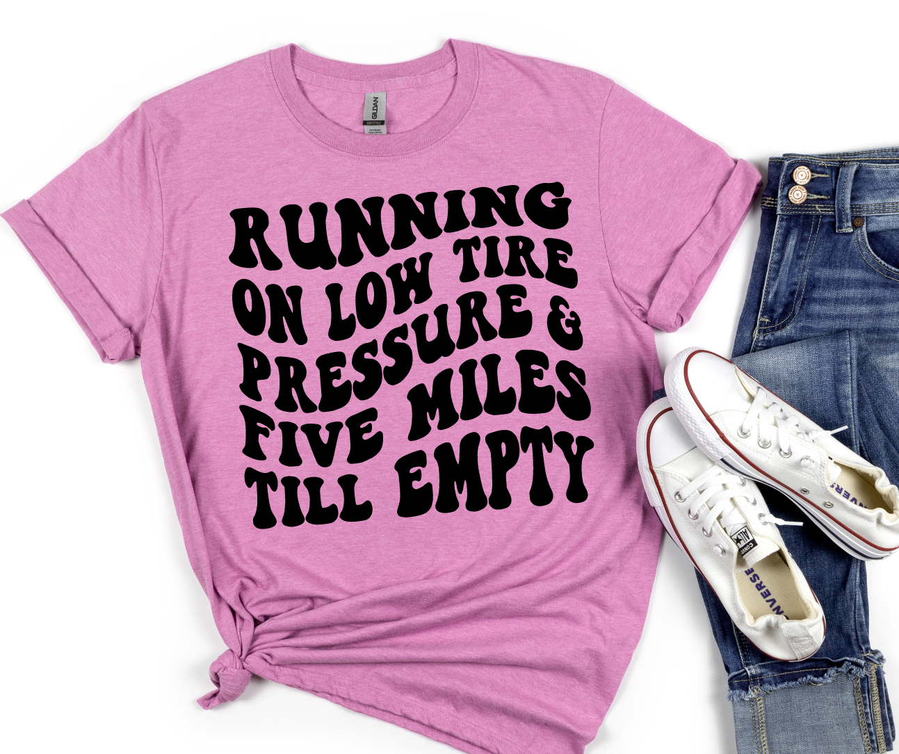 Running On Low Tire Pressure And Five Miles Till Empty A lot Full Color DTF Transfers