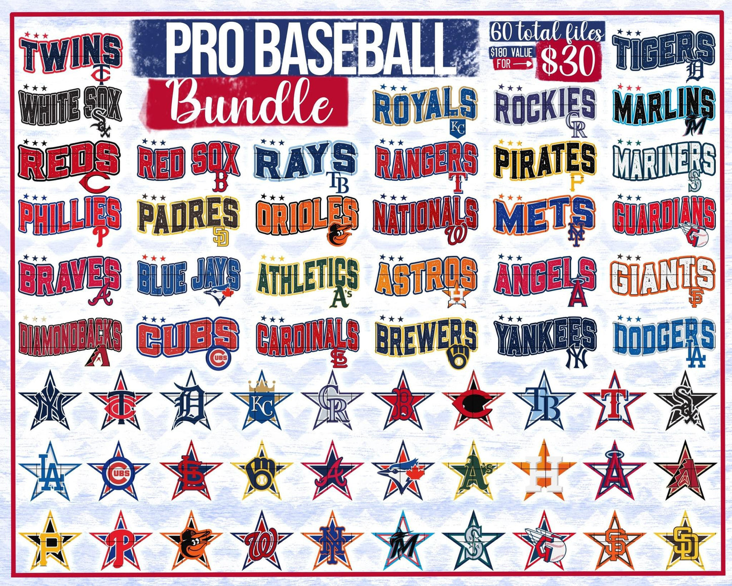 Pro Baseball Teams w/Star Sleeve MLB Options Full Color DTF Transfer