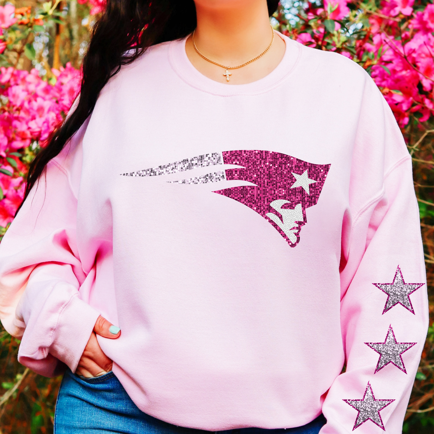 Football Team Logo (Faux Sequin/Non Sequin Option) (ALL N*L TEAMS) w/Star Sleeve Option Full Color DTF Transfer